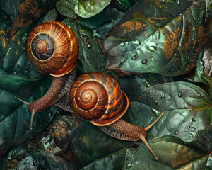 Garden snails in a neck-and-neck race, overtaking captured in vibrant detail against a backdrop of lush greens - obrazy, fototapety, plakaty