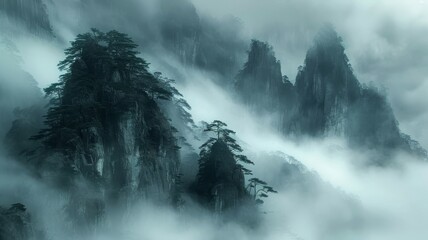 Misty mountains shrouded in clouds, with ancient trees emerging from the ethereal fog.