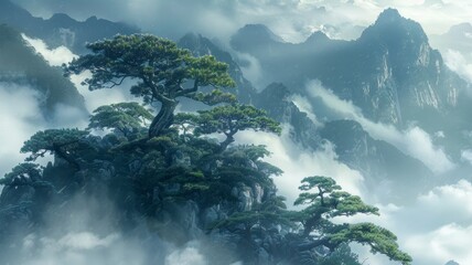 With ancient trees emerging from the ethereal fog, misty mountains are shrouded in clouds. - obrazy, fototapety, plakaty