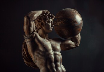 Statue of a strong man holding a planet in his hand - obrazy, fototapety, plakaty