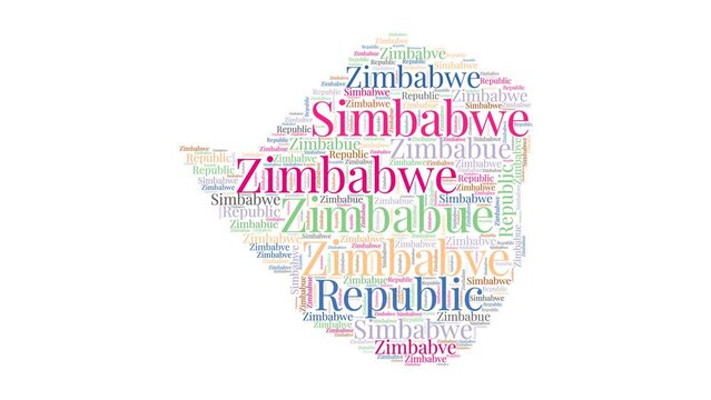 Zimbabwe shape word cloud animation. Country boundary filled with country names animated. Zimbabwe presentation video.