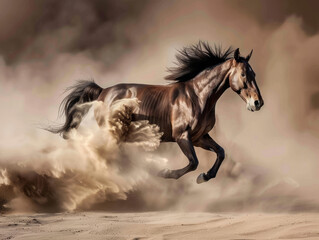 Race of the stallions, wild horses overtaking on the plain, dynamic dust trails frozen in time - obrazy, fototapety, plakaty