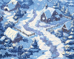 Snow-covered village paths, crisp whites and soft blues, for a winter wonderland RPG setting
