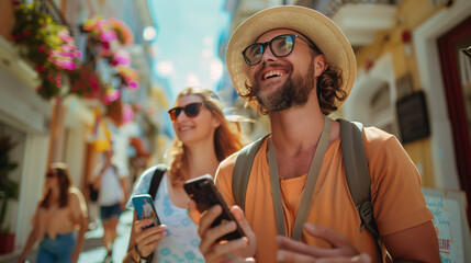 Obraz premium A couple of tourists in a sun hat with sunglasses. they holding a phones in their hands. Summer day, background of an old European city
