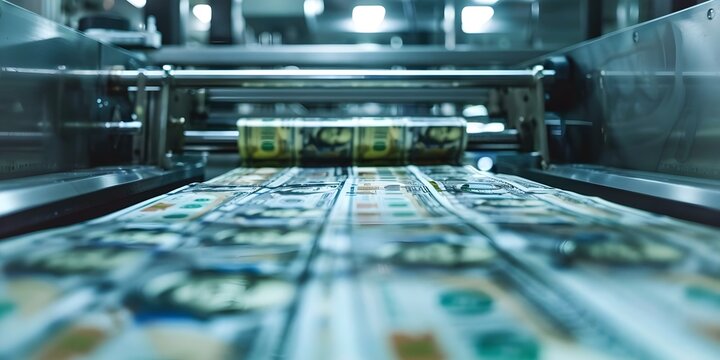 Printing machine producing dollar banknotes in a factory setting. Concept Factory, Printing machine, Dollar banknotes, Manufacturing, Money