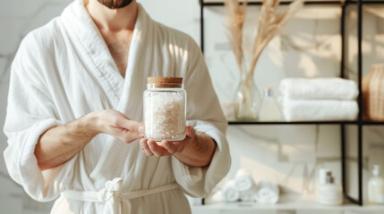 A close-up of a man's hands holding a jar of bath salts highlights a natural approach to health. Soft masculinity, daily self-care