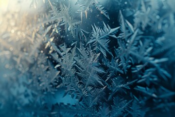 Macro shot of intricate ice crystals forming delicate frost patterns on a windowpane, highlighting mesmerizing details