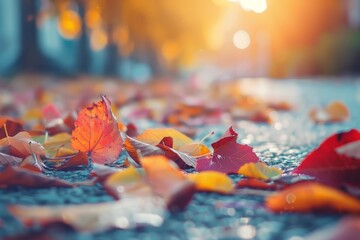 A bunch of vibrant autumn leaves in various colors lying on the ground, showcasing the beauty of the fall season - obrazy, fototapety, plakaty