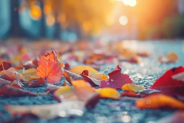 Foto op Plexiglas A bunch of vibrant autumn leaves in various colors lying on the ground, showcasing the beauty of the fall season © Ilia Nesolenyi