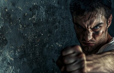 A male fighter raised his fist fiercely - obrazy, fototapety, plakaty
