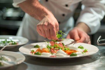 Obraz na płótnie Canvas A chef carefully arranges food on a plate in a fine dining restaurant