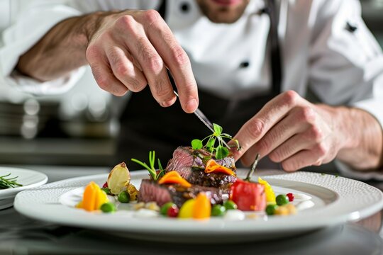 A chef in uniform meticulously arranges and cuts into an elegant dish with precision in a fine dining restaurant
