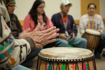 A group of individuals sitting in a circle, engaging in rhythmic drumming therapy session