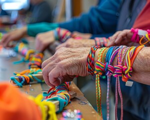 Colorful Down syndrome awareness bracelets being crafted by volunteers symbolizing hope and solidarity in a community setting - obrazy, fototapety, plakaty