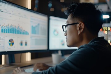 A network administrator closely monitors cloud performance metrics on two computer screens in real-time
