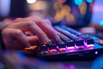A detailed view of a persons hands typing on a modern mechanical keyboard, showcasing the tactile feedback and precision of their movements - obrazy, fototapety, plakaty