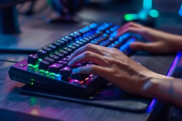 Closeup of a persons hands typing on a mechanical keyboard, displaying colorful lights with precise tactile feedback - obrazy, fototapety, plakaty
