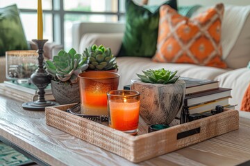 A tray holding lit candles and succulents sits on a modern coffee table in a trendy living room corner