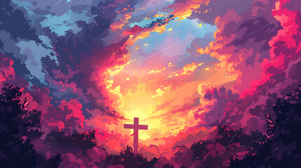 Cross silhouette against a colorful sky sunset. generative ai - obrazy, fototapety, plakaty