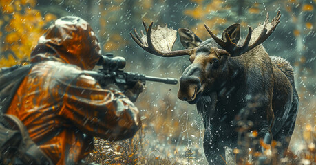 Professional adventure photo of a moose fleeing from a hunter with a rifle