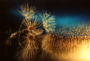 The image features two dandelions covered in dew, sitting on a wet surface. The background is dark blue and yellow