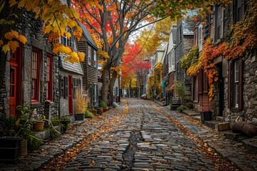 Fototapeta na wymiar A high-angle shot of a cobblestone street lined with trees displaying vibrant autumn colors