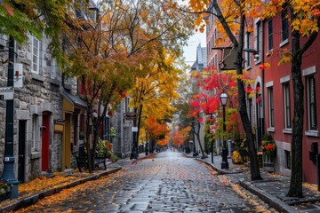 A high-angle shot of a quaint cobblestone street lined with trees showcasing vibrant autumn colors