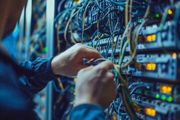A network engineer works on servers in a data center, configuring cloud servers. The image highlights the intricate infrastructure of the server room