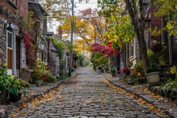 Fototapeta premium A high-angle shot capturing a quaint cobblestone street lined with vibrant autumn trees in a small town