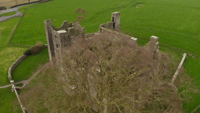 Aerial tracking shot of Bective Abbey. Revealing establishing shot.