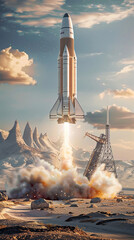 A tall space rocket takes off from launch pad amidst a spectacular cloud of smoke and fire against blue sky. Concept exploring the galaxy, international day of cosmonautics and human space flight - obrazy, fototapety, plakaty