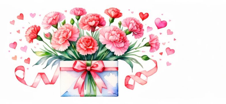Floral isolated watercolor illustration on white background gift with bouquet of carnations and with hearts, elements for design greetings for mothers day, or birthday