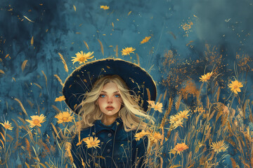 jeune fille blonde aux yeux bleus très clairs, visage allongé ressemblant à une sylphide portant un chapeau et une robe noire, des fleurs des champs volent autour d'elle. - obrazy, fototapety, plakaty