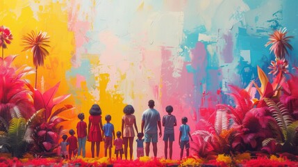 Vibrant Family Illustration with Colorful Backdrop