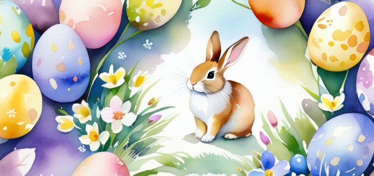 Watercolor illustration for Easter day, bunny, flowers and dyed eggs in soft pastel colors on a blurred background, for greeting card design or social media post.