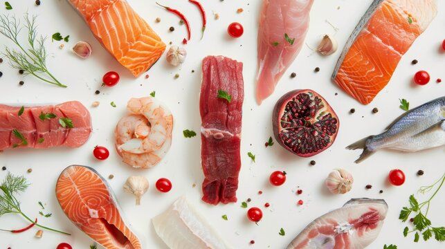 different raw meat and fish on white background generative ai