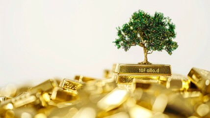 Tree on gold ingot tower in golden blur - Delicate tree perched atop a stack of gold ingots, with a warm golden blur, conveying luxury and financial growth