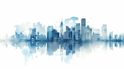 Watercolor city skyline with reflection - Artistic watercolor painting of a city skyline with a beautiful mirrored water reflection symbolizing serenity