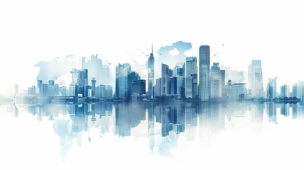 Wall murals Watercolor painting skyscraper Watercolor city skyline with reflection - Artistic watercolor painting of a city skyline with a beautiful mirrored water reflection symbolizing serenity