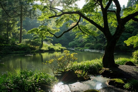 Tranquil pond in a sunlit Japanese garden - A picturesque pond in a Japanese garden, bathed in sunlight filtering through the trees, evoking a sense of calm and Zen-like harmony