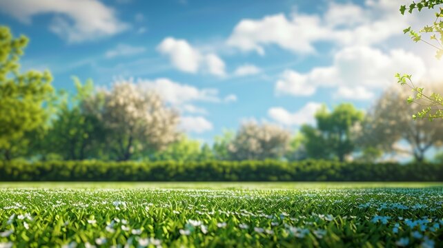 Vibrant spring meadow with lush greenery - A refreshing and peaceful image of a vibrant green meadow edged by flourishing trees and a clear sky
