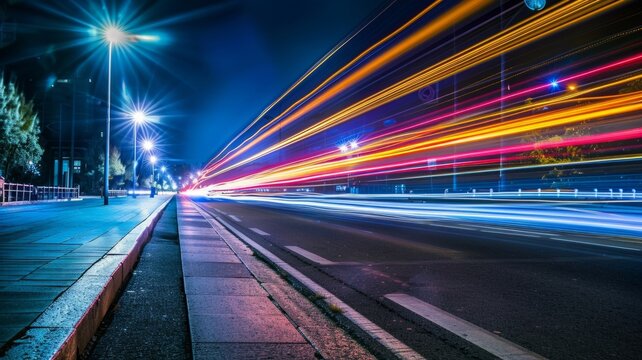 Vibrant long-exposure street photography at night - This striking image captures the essence of urban movement with vivid light trails on a bustling street at nighttime