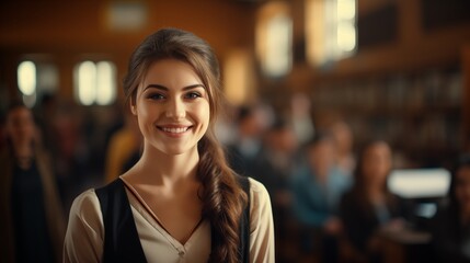 female doctor, nurse, portrait image Standing in the front row of a medical training class or lecture room, grinning broadly, confident, and smiling, I produce .
