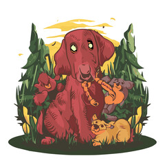 Red dog surrounded by various animals in a lively scene. (png)