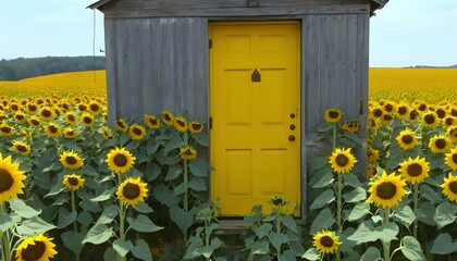 A-bright-yellow-door-in-a-field-of-sunflowers--