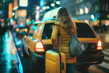 a woman with her back a yellow suitcase on city street at night waiting a taxi