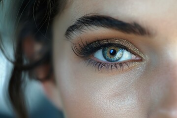 A close up of perfect winged eyeliner and shimmering eyeshadow, paired with full, fluttering lashes