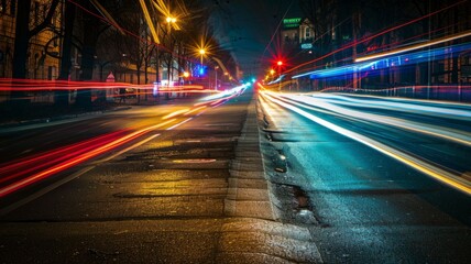 Fototapeta na wymiar Illuminated city street by traffic light trails - The image spectacularly showcases the energy of the city at night with colorful light trails left by moving vehicles