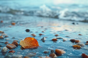 Single leaf on wet pebbled beach shore - Close up of a fallen orange leaf on a pebbled shore, with the waves of the sea gently lapping in the background - obrazy, fototapety, plakaty