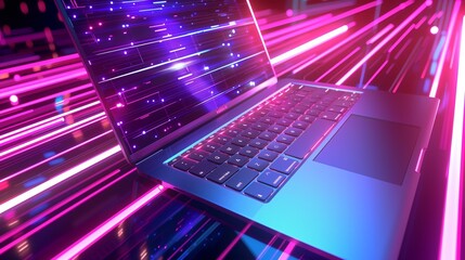 Futuristic illustration about computer technology with a laptop in neon colors - Powered by Adobe